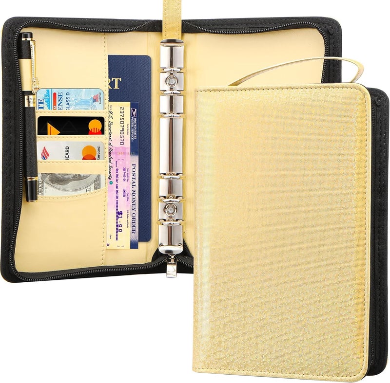 Toplive A6 Budget Binder with Zipper, 6 Ring Refillable Planner Binder Cover for A6 Cash Budget System, PU Leather Personal Organizer Personal Wallet Binder, Glitter Gold - Image 1
